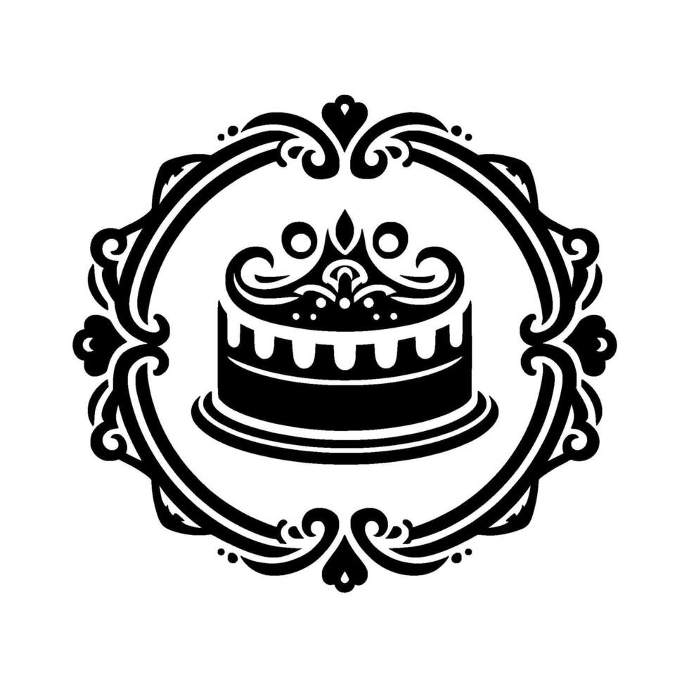 Elegant Black and White Logo A stylized cake with a crown within a decorative circular frame, perfect for confectionery or royal brands. vector