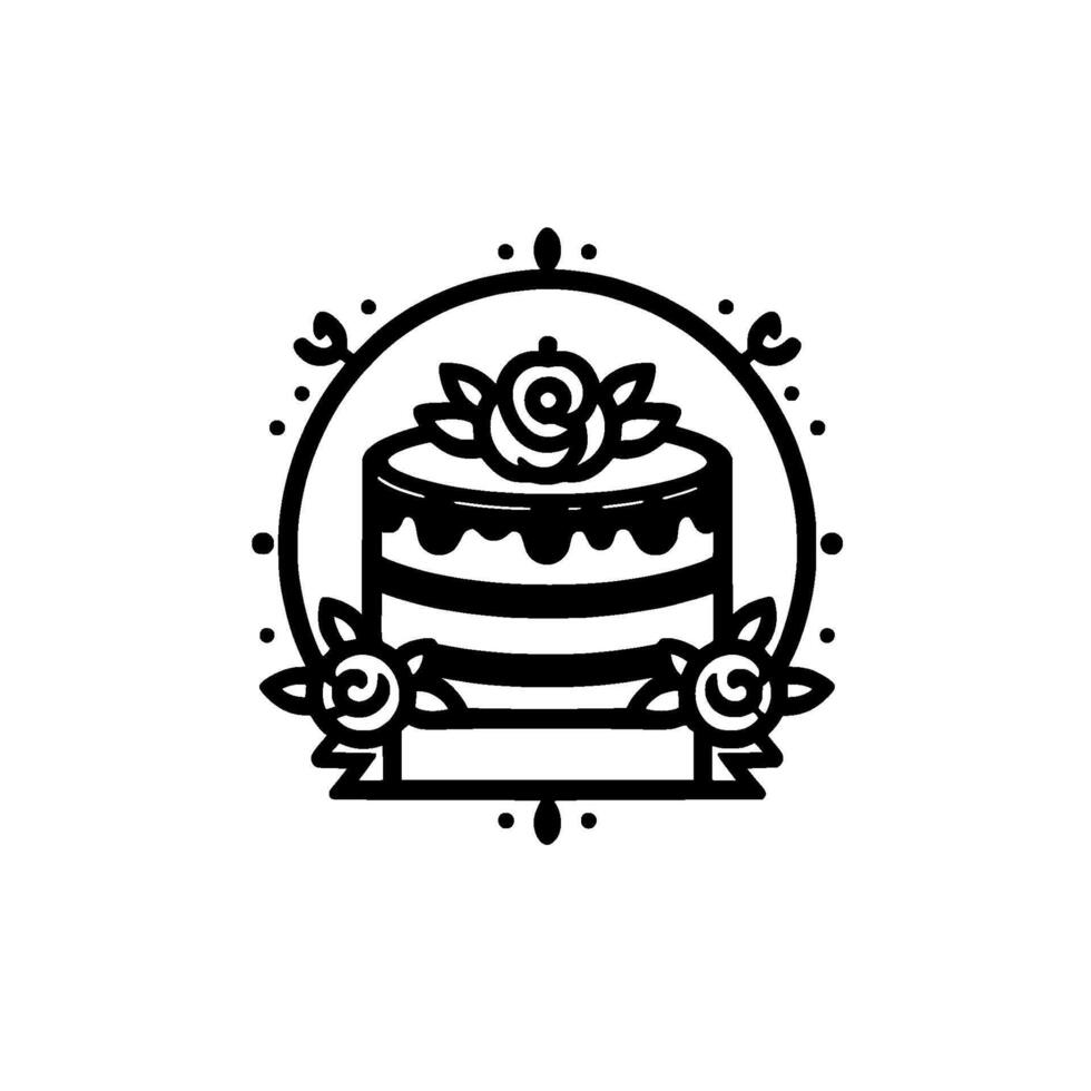 Elegant Black and White Illustration of a Tiered Cake with Floral Accents inside a Decorative Circle, Isolated on White. vector