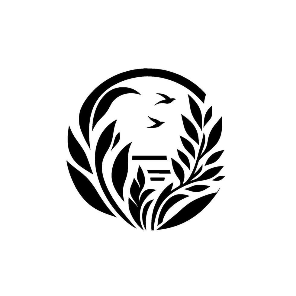 A Minimalist Black and White Circular Featuring Birds, Plants, and Geometric Elements, Symbolic of Harmony and Nature. vector