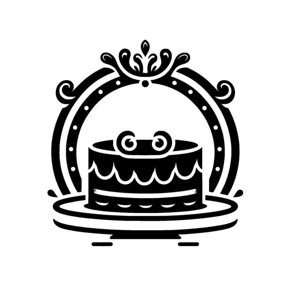 Ornate Black and White Cake Icon Layered Dessert on a Pedestal, Crowned with a Decorative Frame. vector
