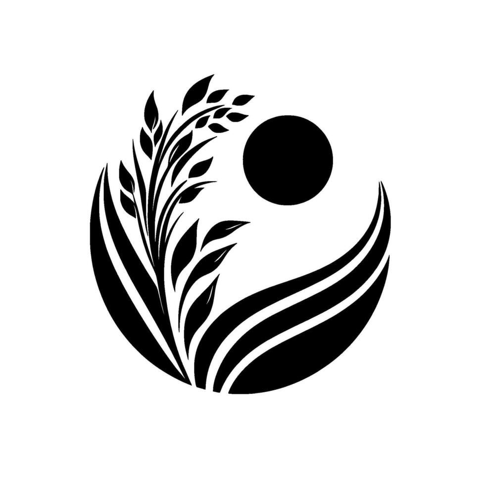 Stylized Black and White Depicting a Branch of Wheat, Circle, and Curved Lines in a Circular Composition. vector