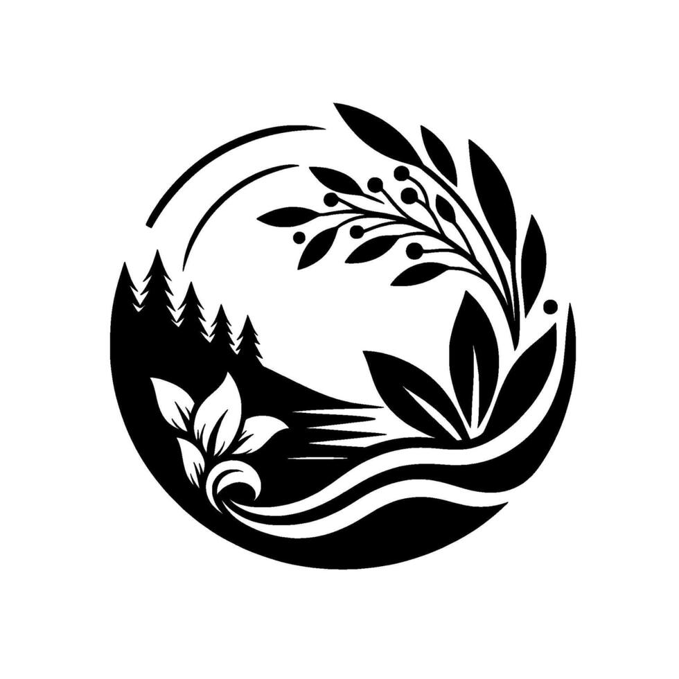 Black and White Circular Nature Emblem Featuring Trees, Mountains, Flowers, and Foliage, Representing Harmony and Balance. vector