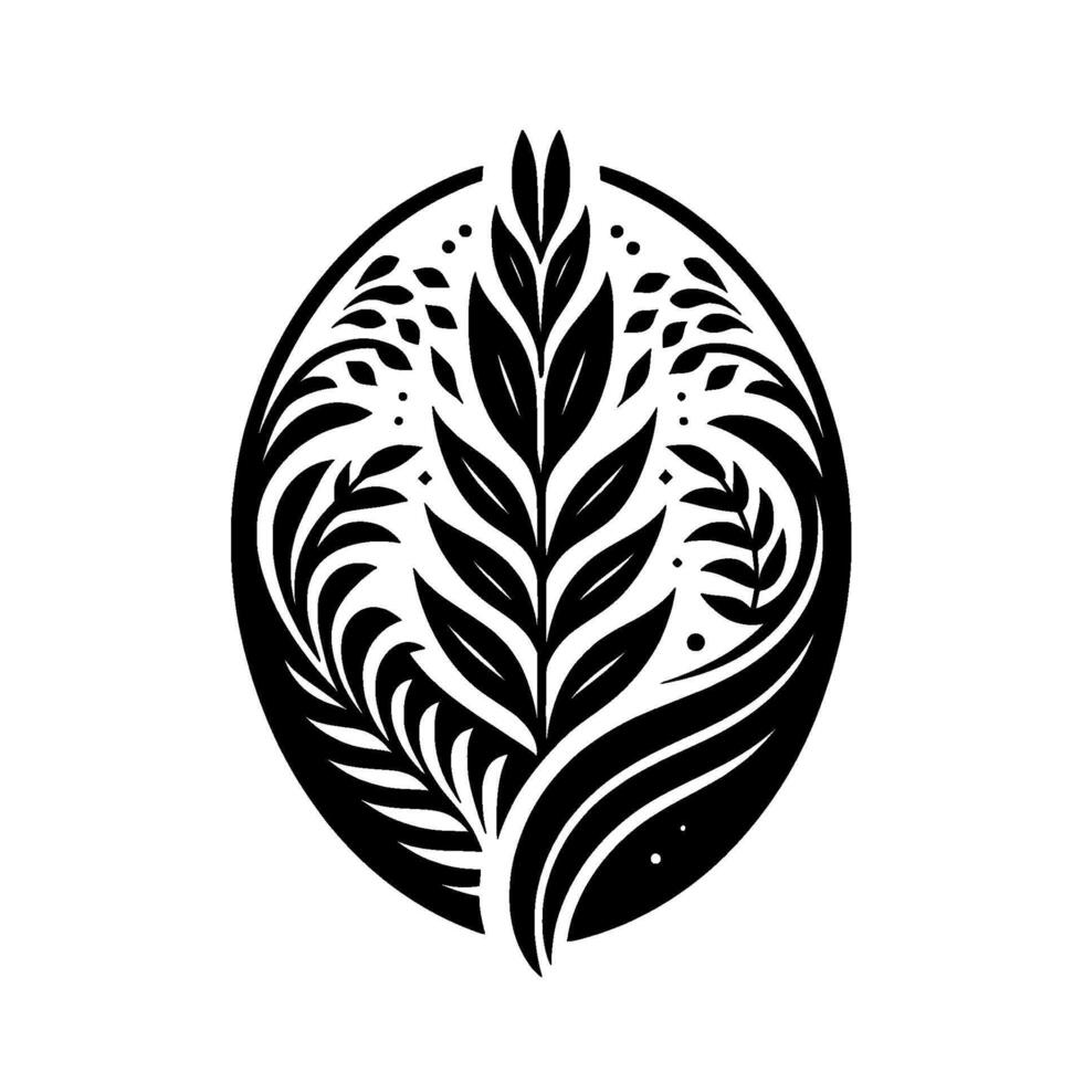 Stylized Black and White Oval Composition of Flourishing Botanical Elements, Featuring Leaves and Delicate Foliage, Symbol of Growth. vector