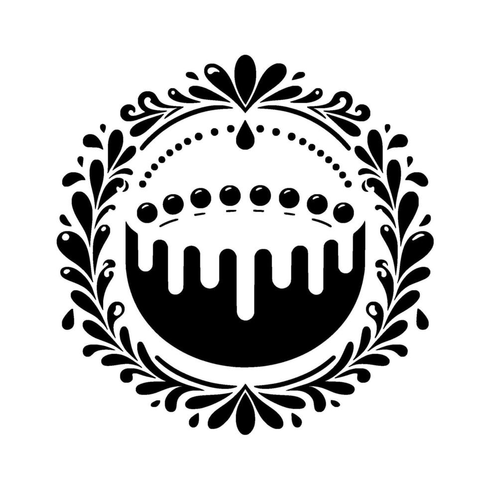Symmetrical, black and white, ornate featuring stylized cake, dots, and floral wreath, creating a modern, minimalist, yet decorative emblem. vector