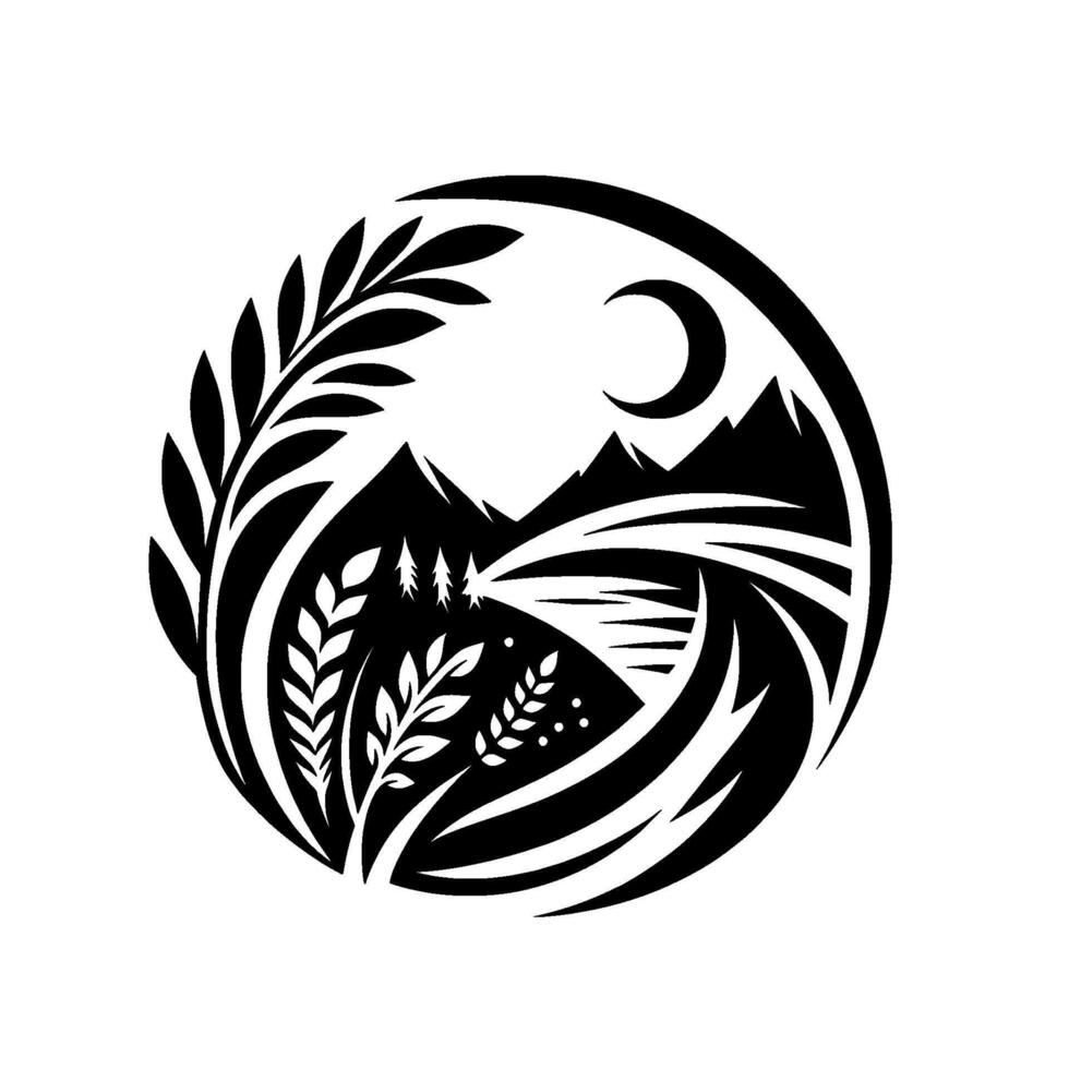 A minimalist black and white circular featuring mountains, crescent moon, foliage, and stylized water, evoking natures tranquility. vector
