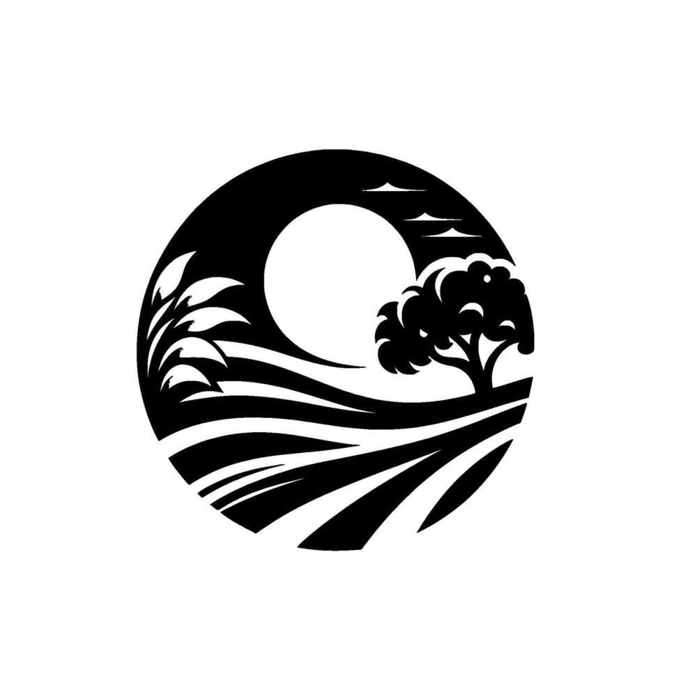 Black and White Circular Landscape with Tree, Fields, Sun, and Foliage, a minimalist nature illustration. vector