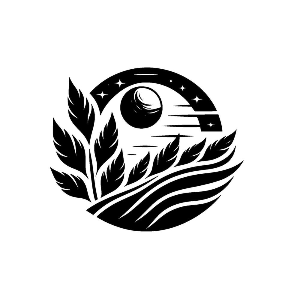Circular monochrome illustration featuring a crescent moon, stars, leaves and wavy lines, evoking nature and space. vector