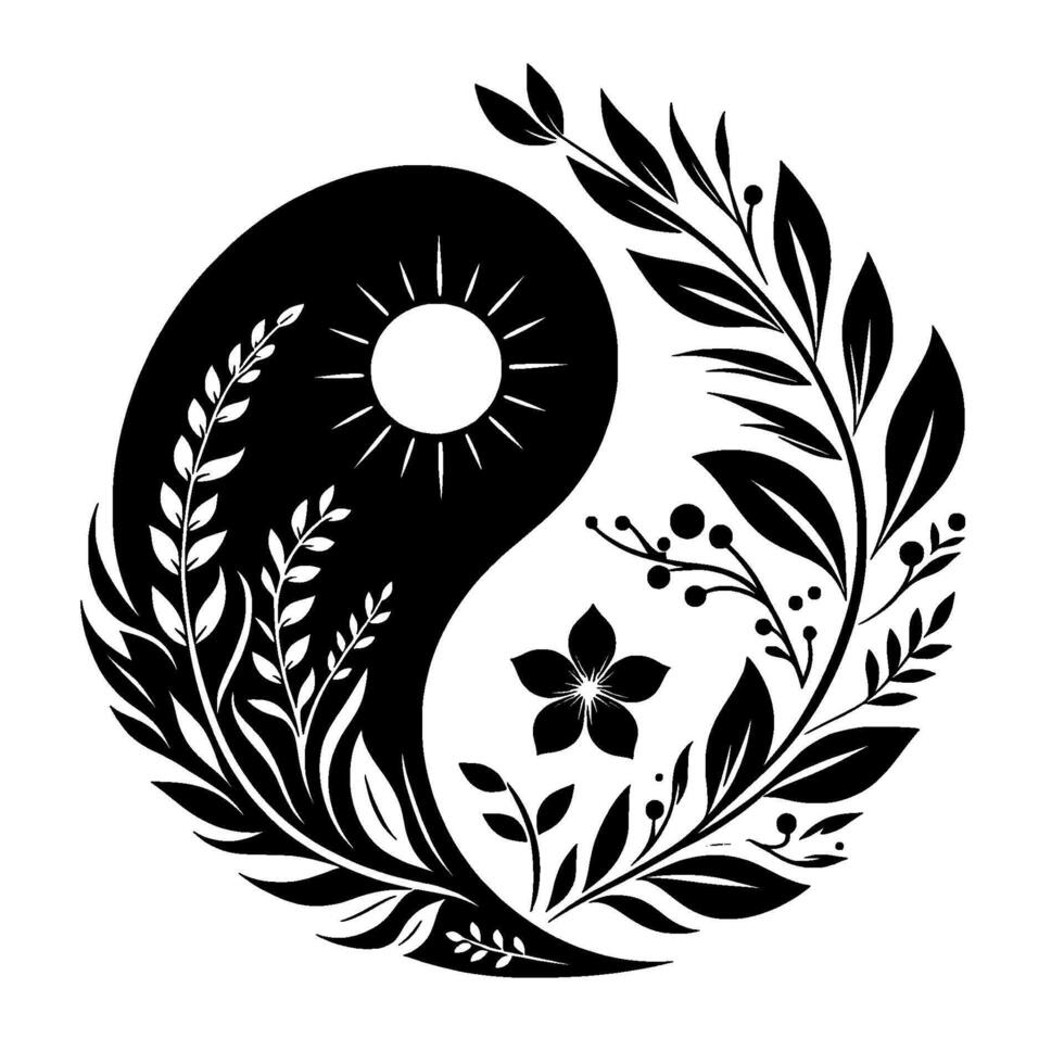 Intricate Yin Yang Design Symbolic Harmony of Light and Dark with Floral Elements and Sun Motif in Minimalist Black and White Style. vector