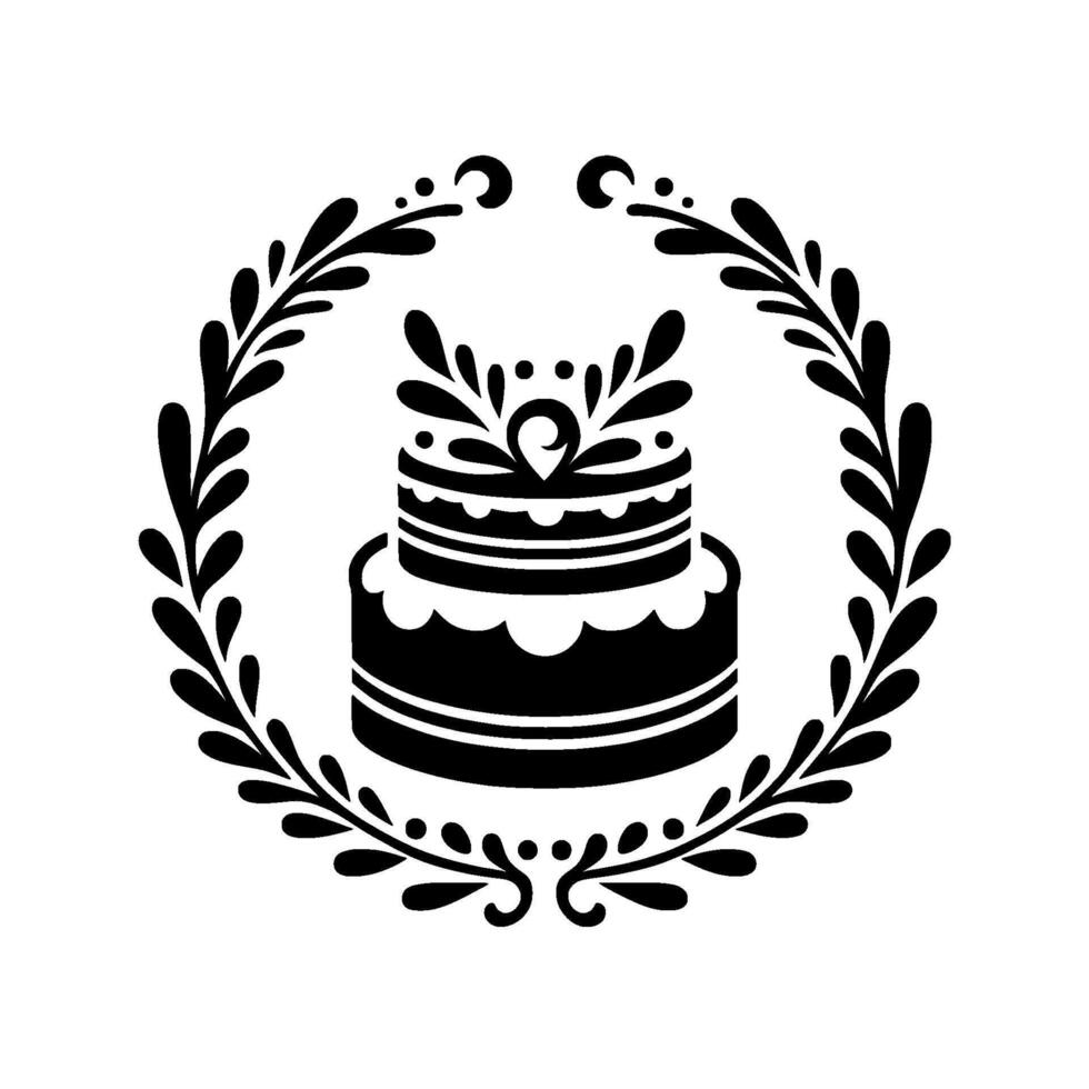 Black and white stylized twotiered cake within a decorative laurel wreath, perfect for a wedding or celebration. vector