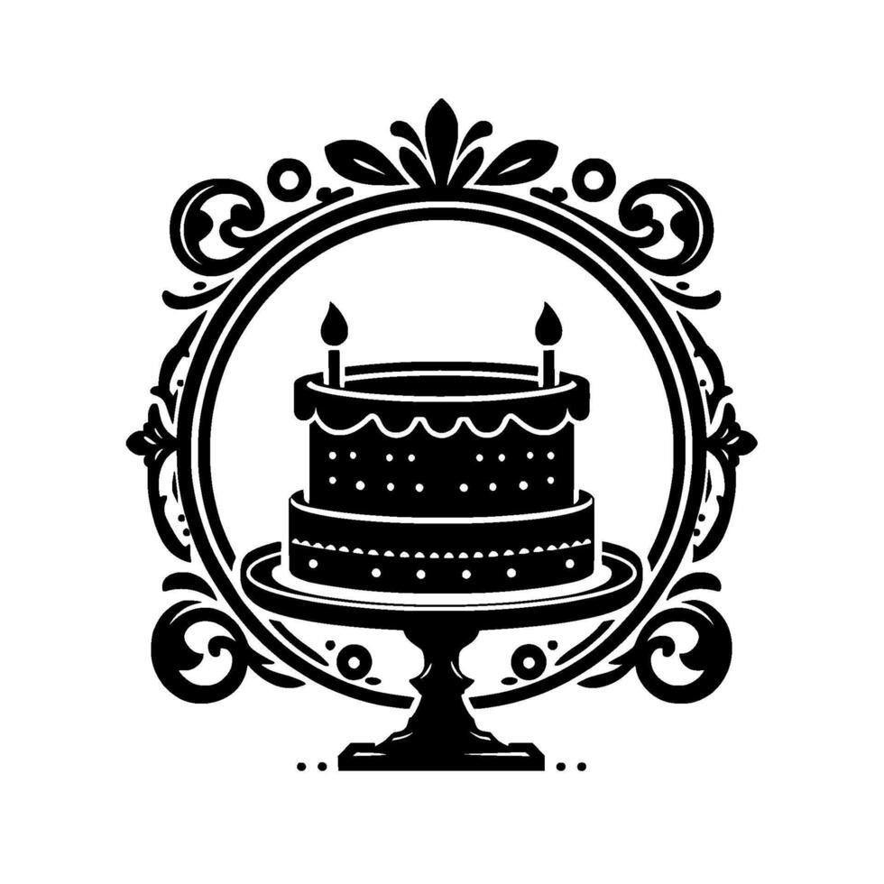Black and white stylized illustration of a twotiered cake with candles, on a cake stand, within an ornate circular frame, celebrating birthdays. vector