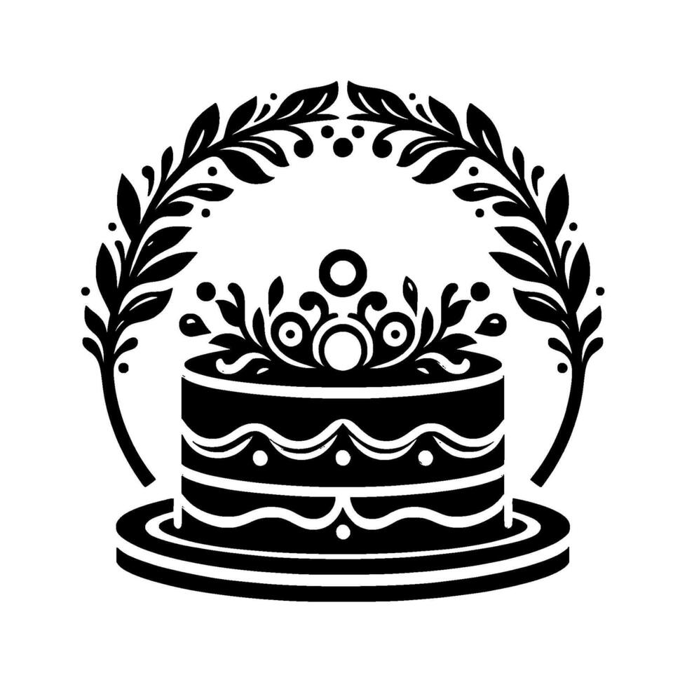 Elegant Monochrome Illustration Tiered Cake with Laurel Wreath and Intricate Floral Crown on a Round Plate. vector