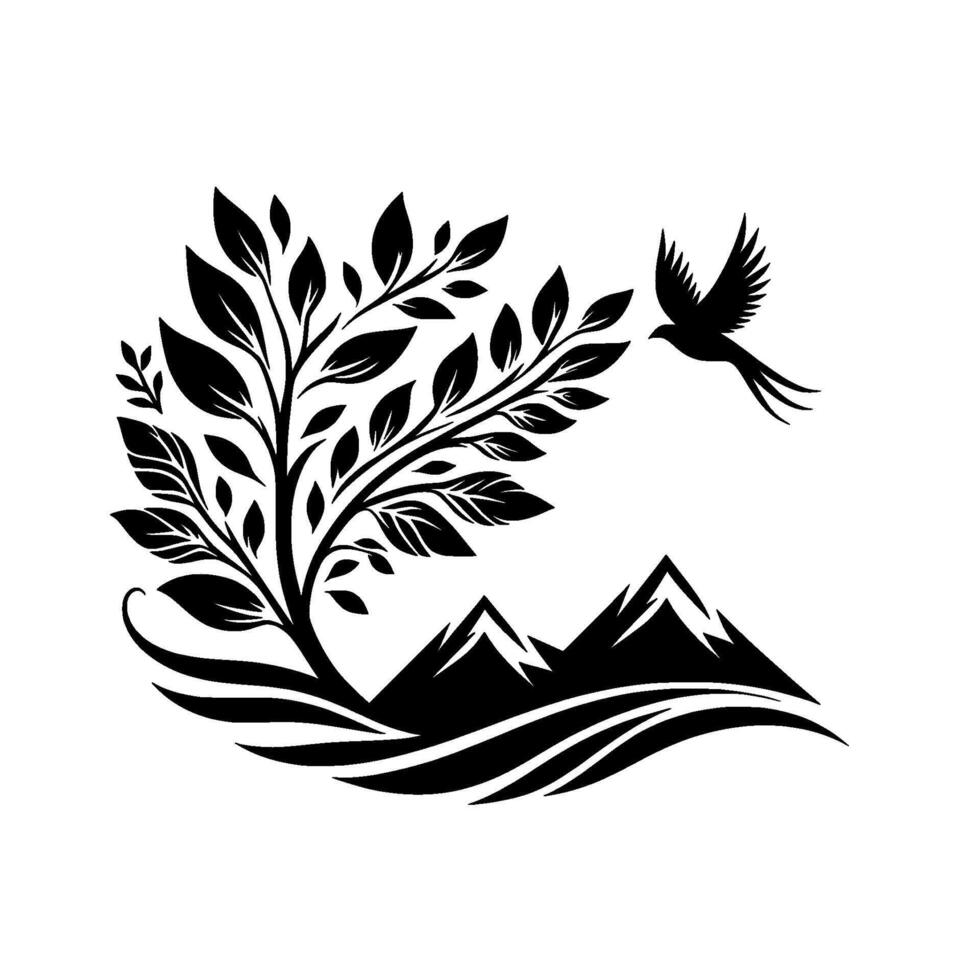 Stylized Black White Nature Scene A leafy tree, silhouetted mountains, a flying bird, and a circular sunlike element create a harmonious design. vector