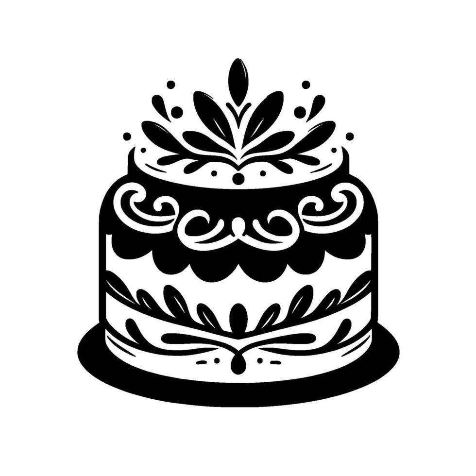 Intricate Black and White Illustration of a TwoTiered Cake with Floral and Swirl Ornamentation and a Decorative Top Adornment, Set on a Simple Plate. vector