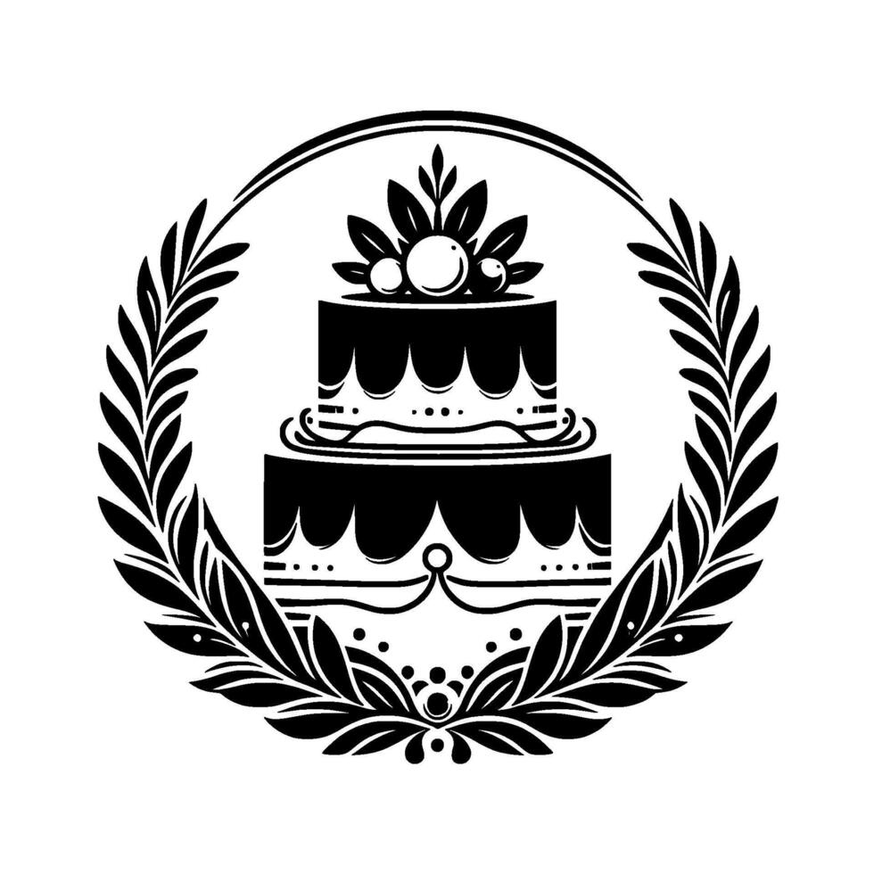 Elegant monochrome illustration of a twotiered cake, adorned with berries and leaves, framed by a laurel wreath, a symbol of celebration. vector
