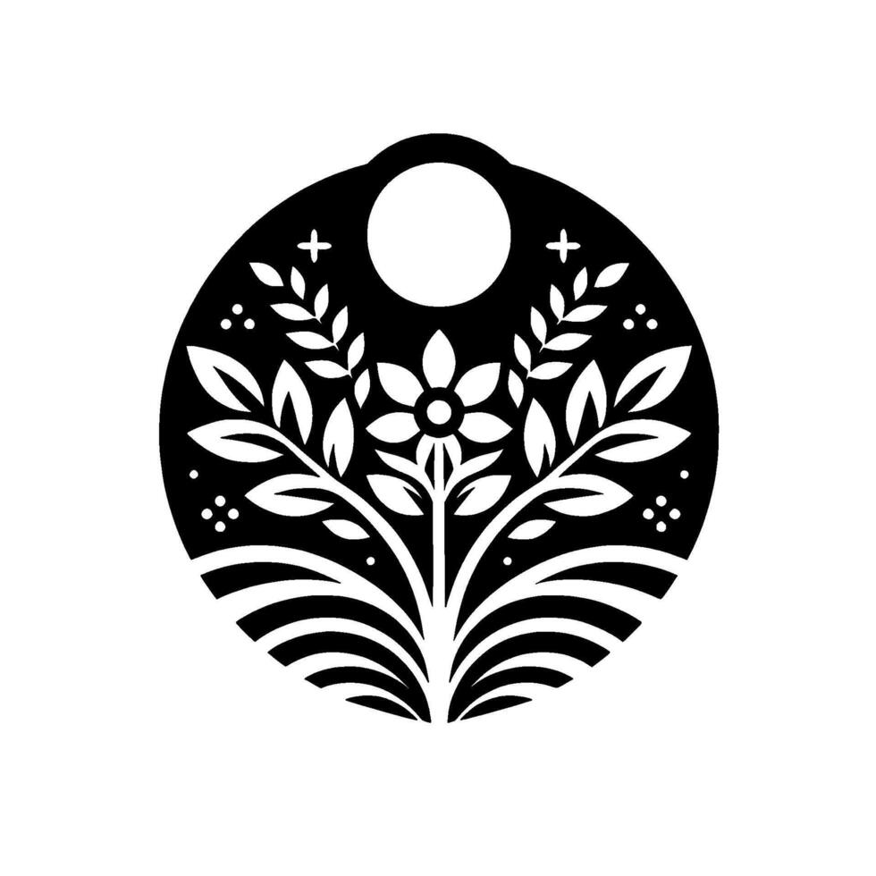 Minimalist Black and White Circular Floral Design A stylized emblem featuring a central flower and symmetrical leaf branches, within an oval frame with a top loop and a moonlike circle. vector