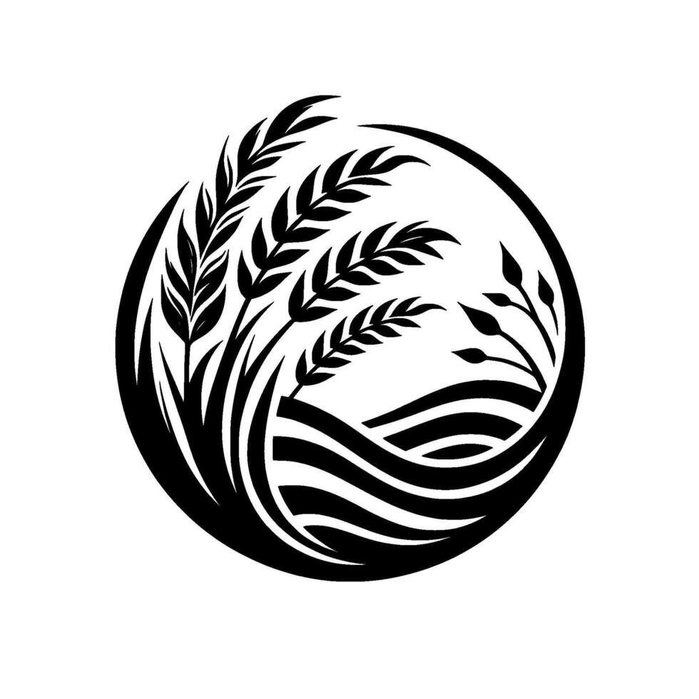 Stylized black white agricultural illustration inside a circular frame, featuring wheat or barley stalks and rolling hills. vector