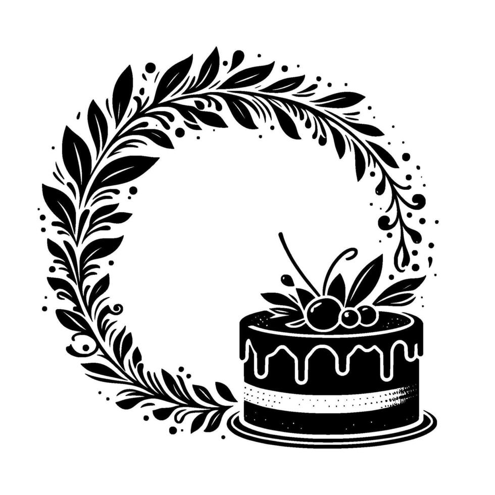 Elegant Black and White Illustration Cake with Cherry Topping Inside a Leafy Wreath, Clean and Minimalist Design. vector