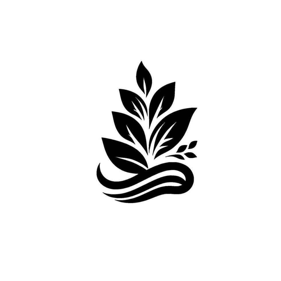 Elegant, minimalist botanical illustration of stylized black leaves and a flowing curved base, set against a pristine white backdrop, conveying organic beauty. vector