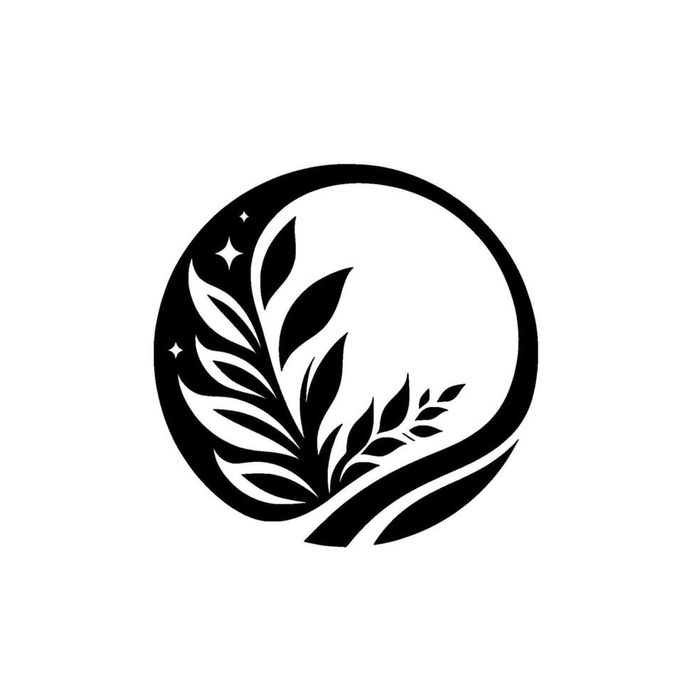 Elegant black and white botanical within a circle, featuring leaves, stars, and a stylized aesthetic. vector