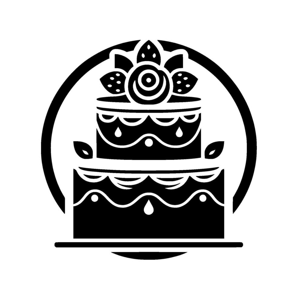 Elegant Black White Cake Illustration Enclosed in Circle with Decorative Details, Rose Topping, and Simple, Clean Design. vector