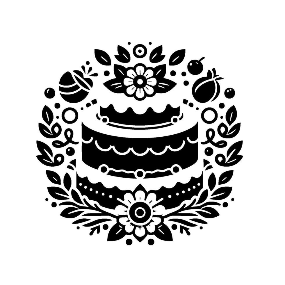 Elegant twotiered birthday cake design, encircled by a decorative botanical wreath in a symmetrical black and white illustration. vector