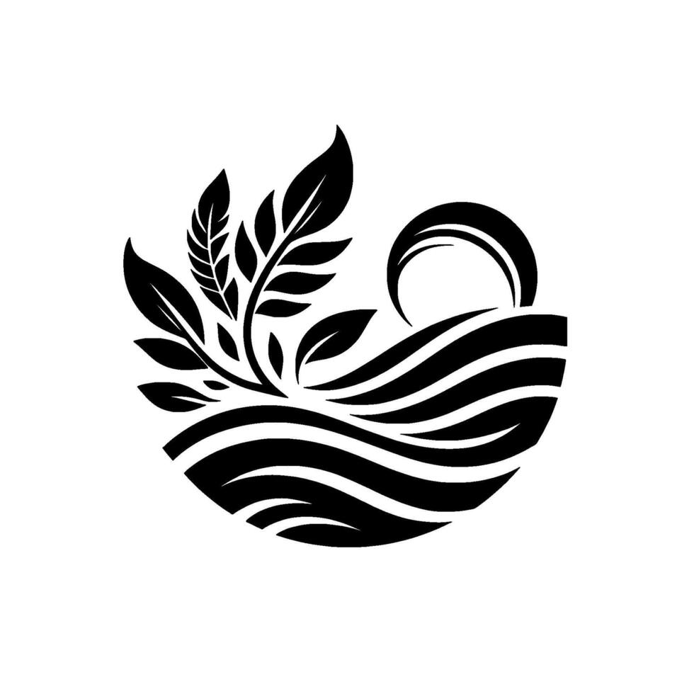 Black and white featuring stylized leaves emerging from wavy lines, with a halfsun, set in a circular composition. vector