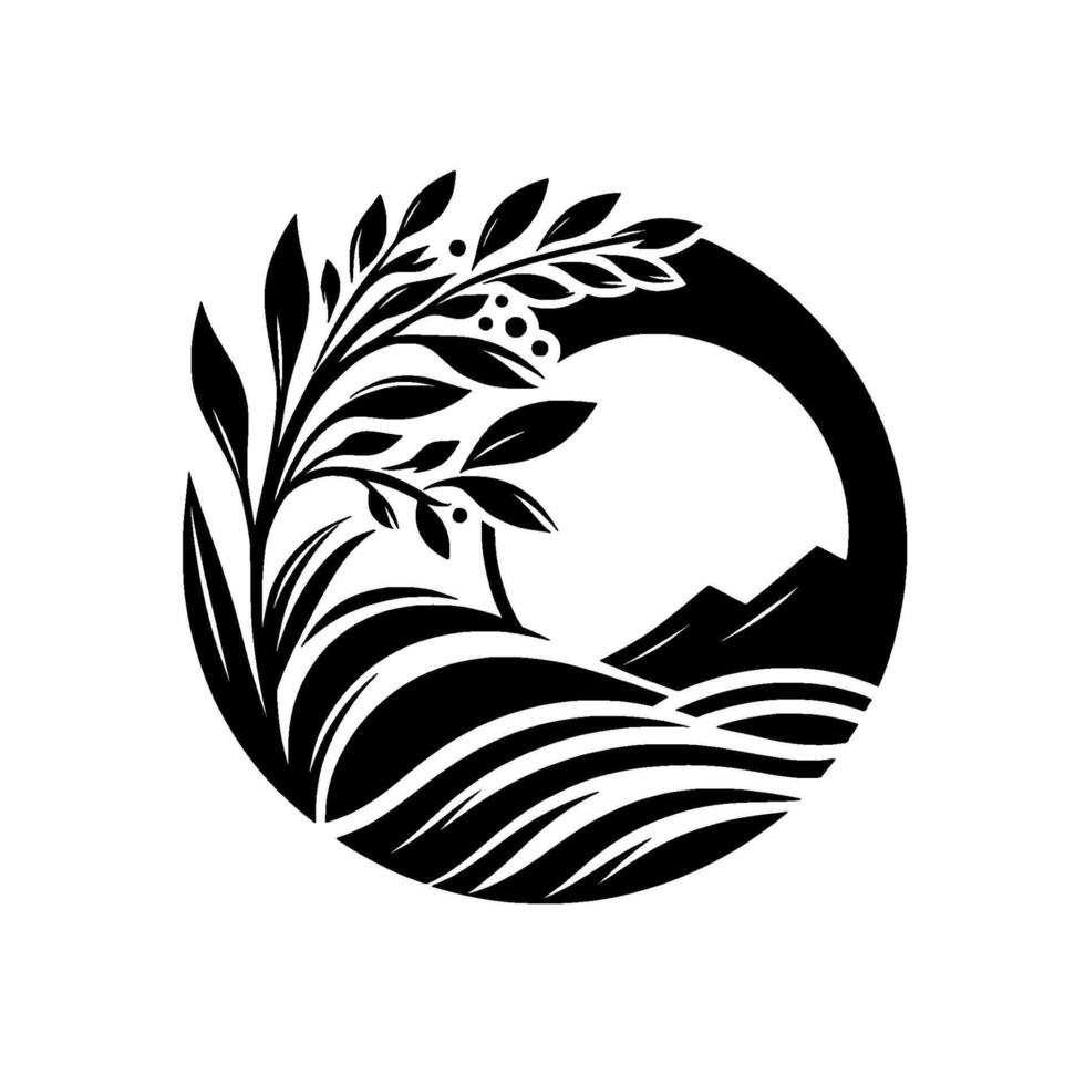 A minimalist black and white circular featuring stylized flora, rolling hills, mountains, and a branch, evoking natural serenity. vector