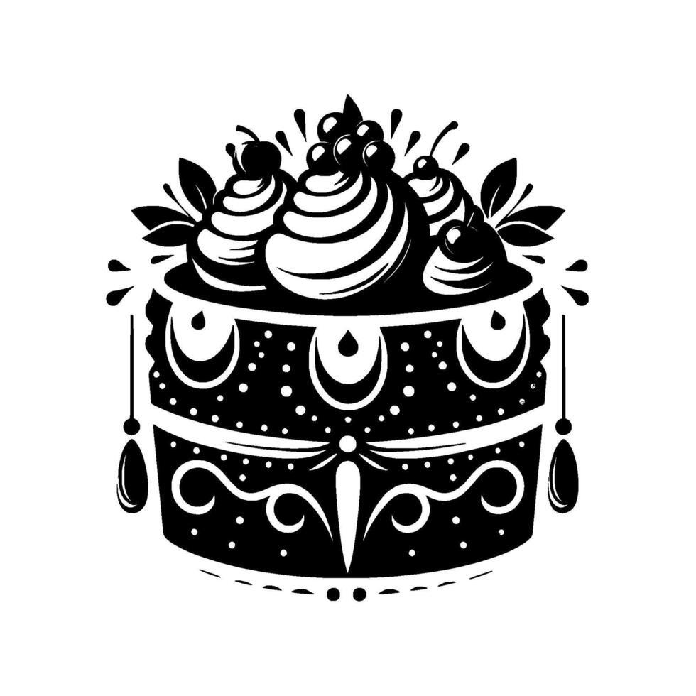 Ornate Black White Cake with Cherries, Frosting Swirls, Decorative Details, and Droplet Accents on White Background. vector