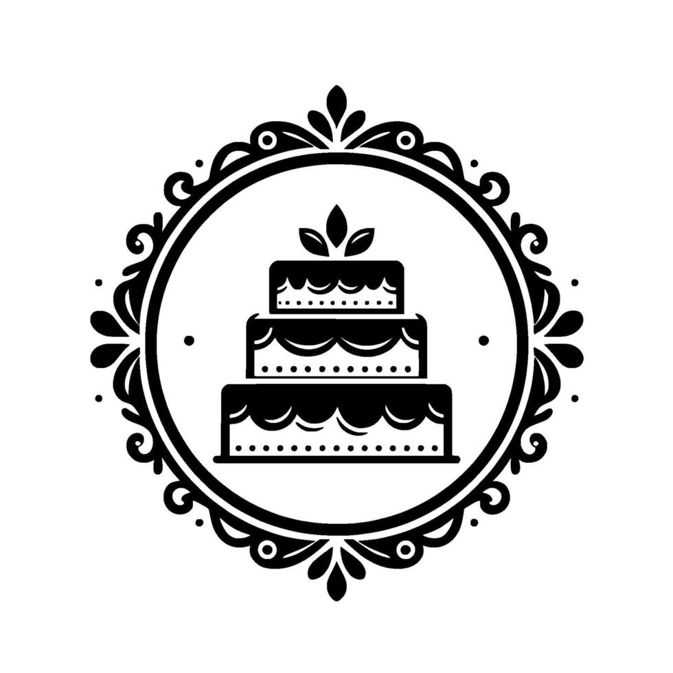 Elegant black and white threetiered cake inside ornate circular frame, leaf on top, for special celebrations. vector