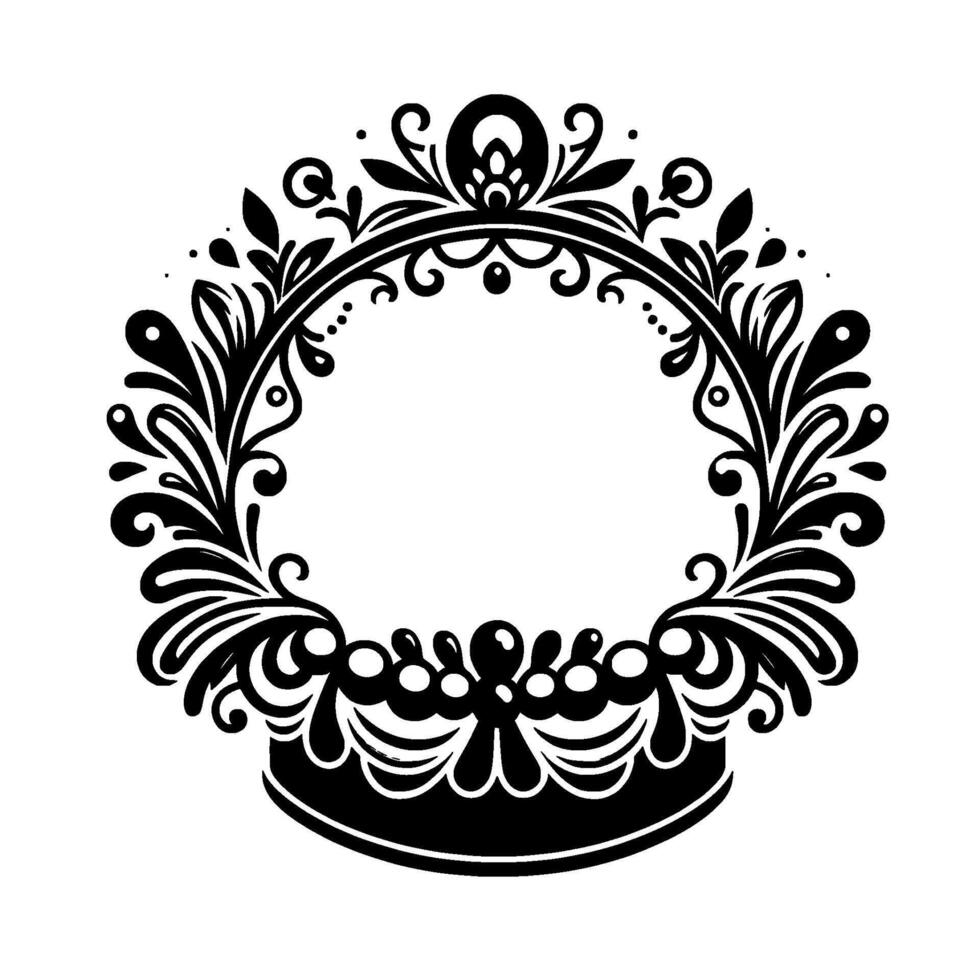 Ornate Black and White Floral Wreath with Detailed Flourishes, Serving as a Decorative Element or Frame. vector