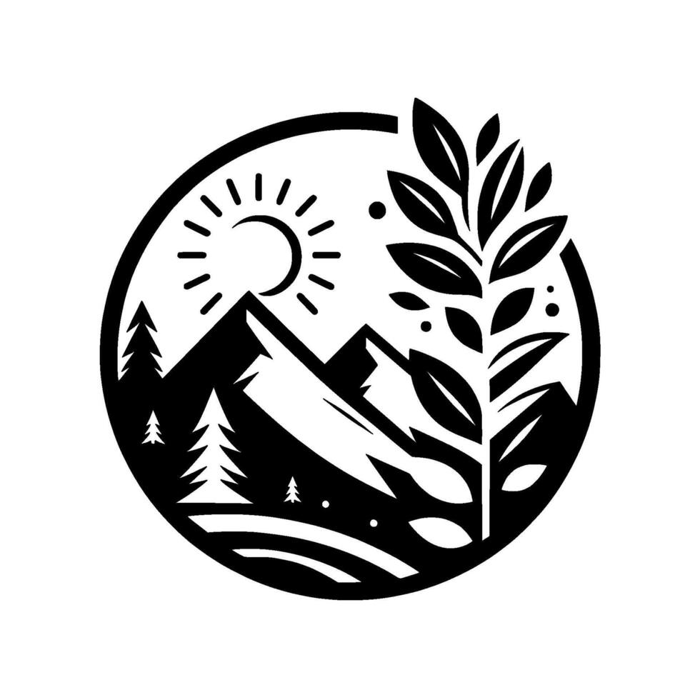 Circular minimalist illustration of a mountain landscape with sun, trees, and foliage in black and white. vector