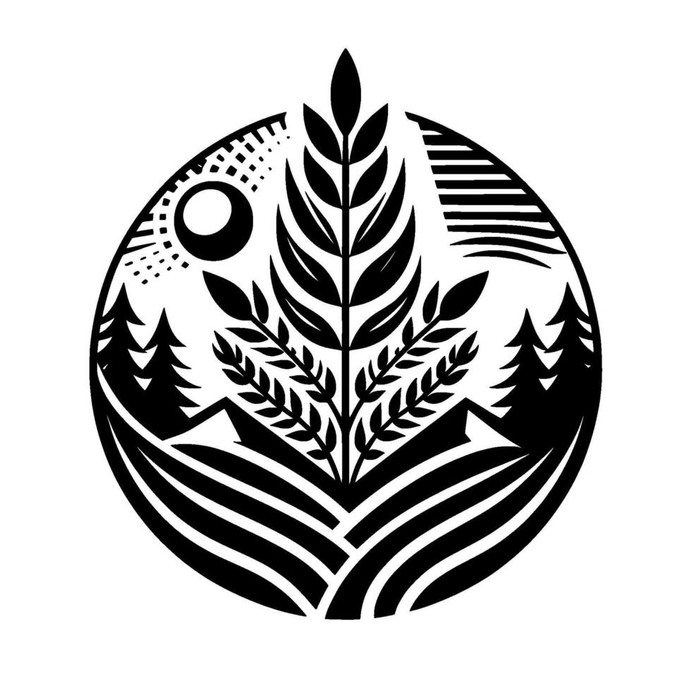 Symbolic Black and White Circular Composition Central Wheat, Mountainous Landscape, Forest, and Sun. vector