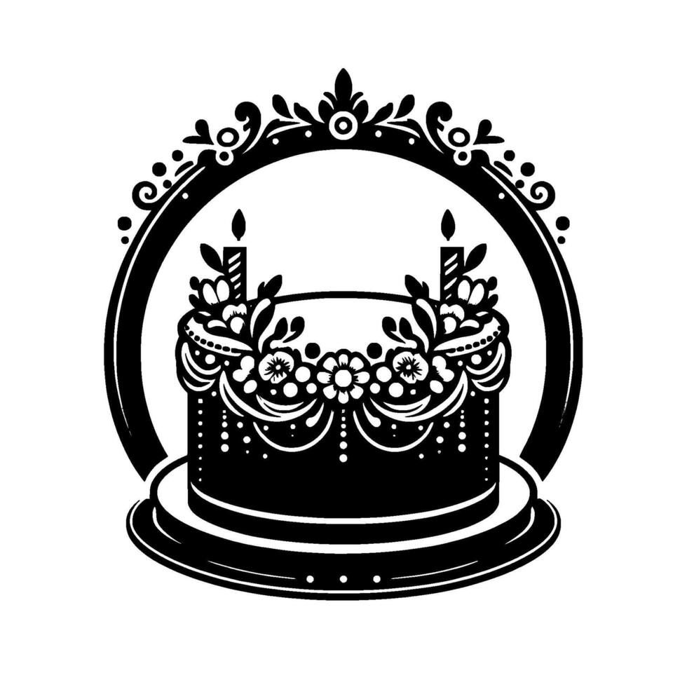 Intricate Black and White Illustration A Decorated Cake with Candles Encased in an Ornamental Frame, Celebrating Festivities and Birthdays. vector