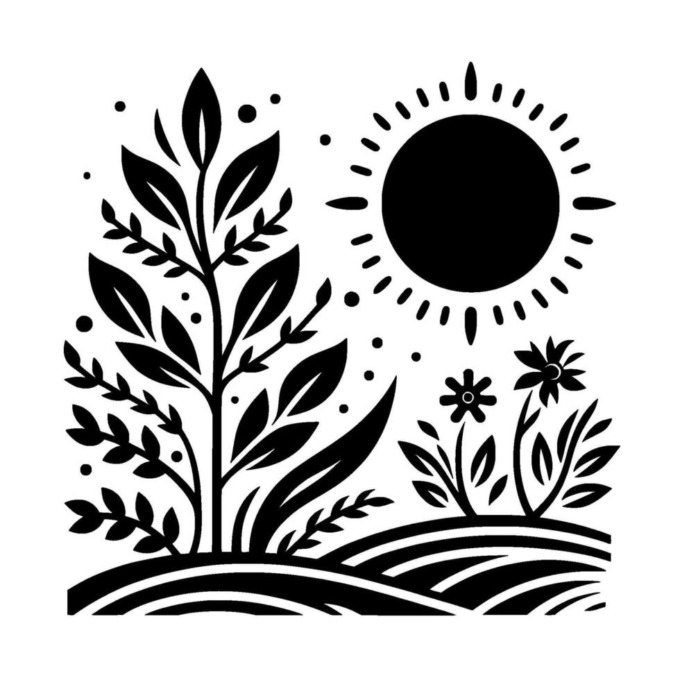 Black and white minimalist illustration of a sunlit garden, featuring flora, geometric shapes, and a whimsical, natureinspired composition. vector