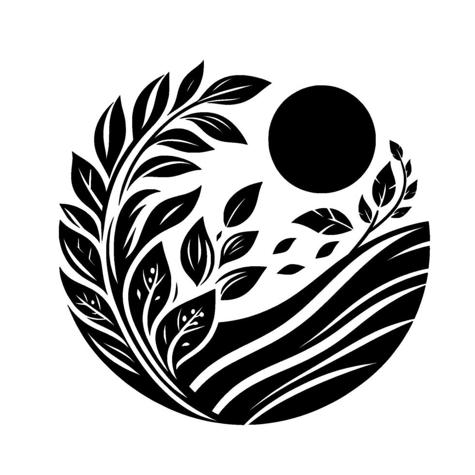 Monochrome circular nature illustration with stylized leaves, sun, and rolling landscape elements. vector