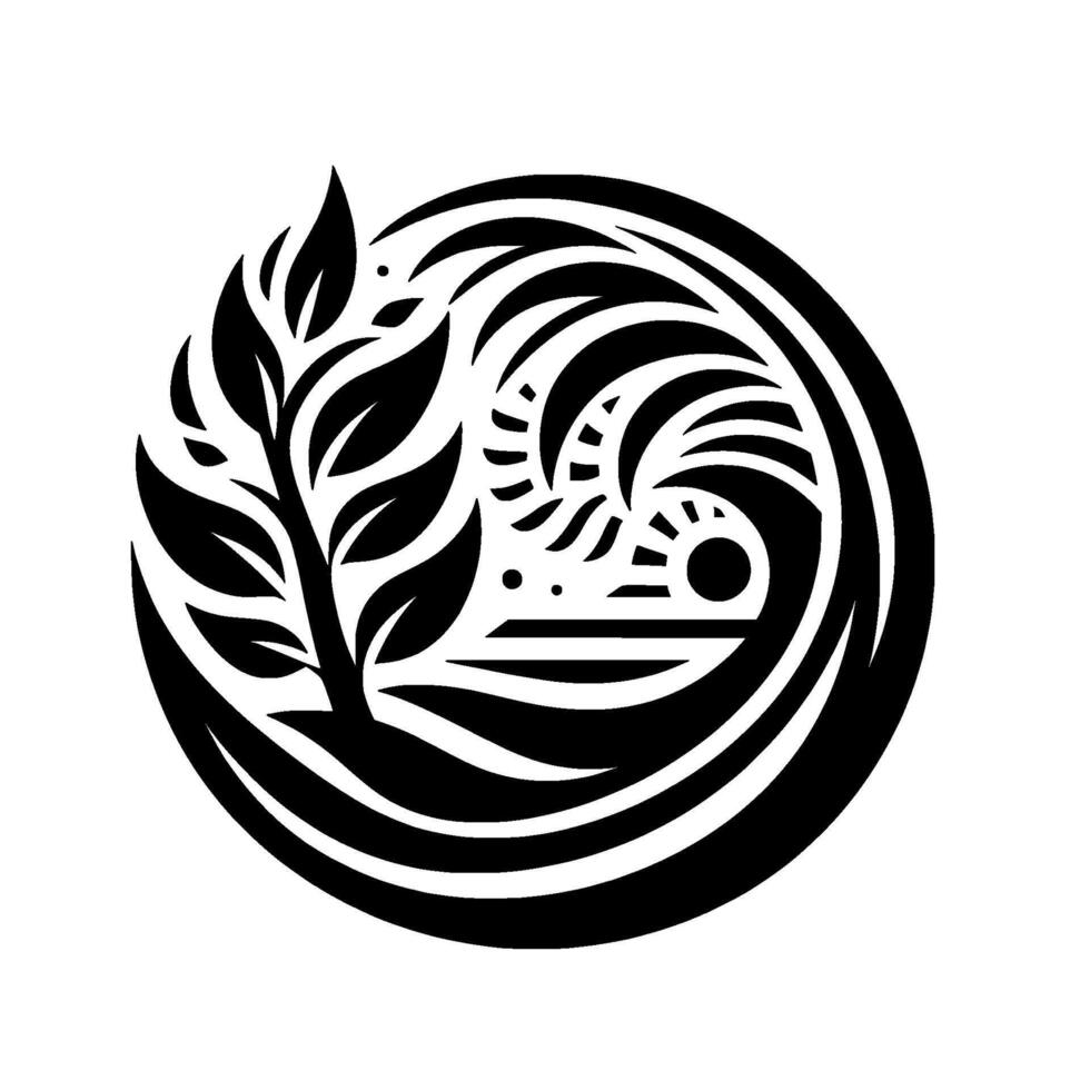 A symmetrical, circular, stylized showcasing a plant reaching towards the sun, evoking serenity and growth. vector