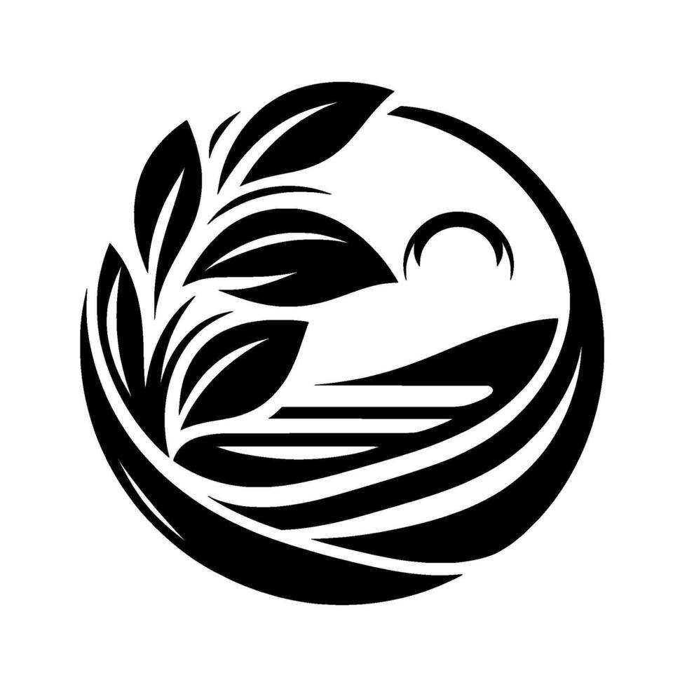 Monochromatic emblem featuring a circular of stylized foliage with a crescent moon and landscape, evoking natural harmony. vector