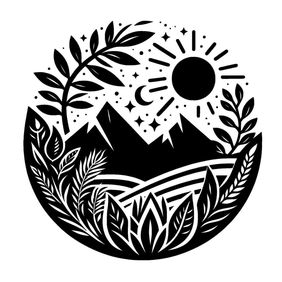 Monochromatic circular nature emblem, featuring mountains, sun, moon, stars, and lush botanical elements, evoking tranquility. vector