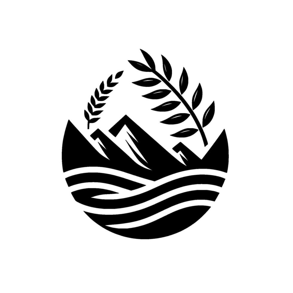 Minimalist Black White Emblem Mountain peaks, water waves, and wheat within an oval, suggesting nature, agriculture and serenity. vector