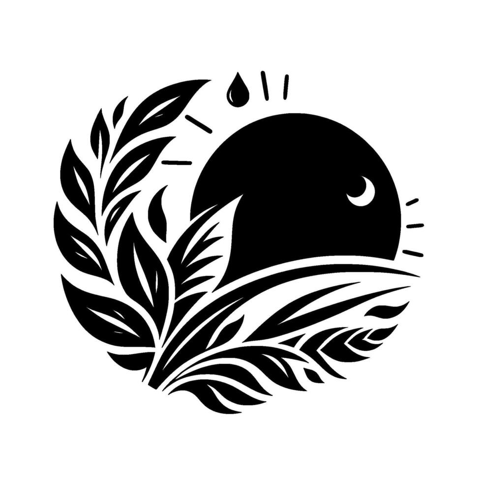 A black and white circular featuring a stylized sun with a crescent moon, plants and a water drop, embodying a serene, organic feel. vector
