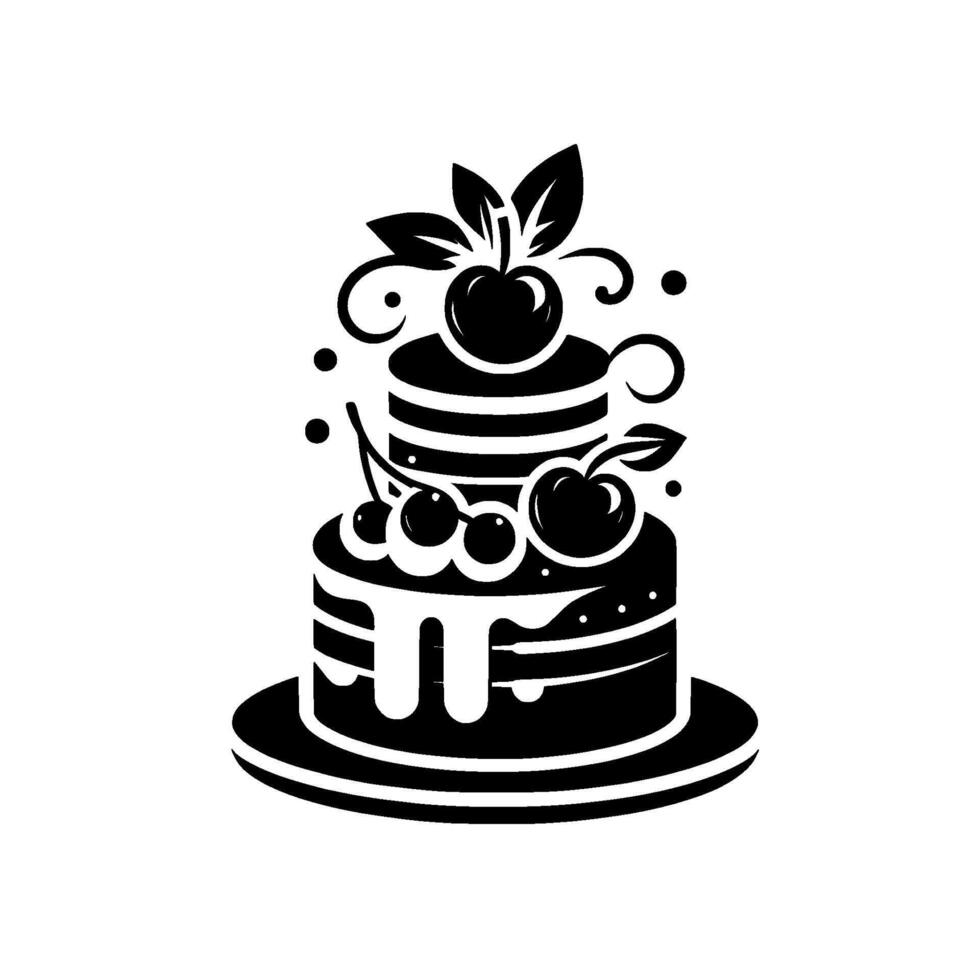 Black and White Illustration of a TwoTiered Cake with Cherries, Leaves, and Decorative Swirls on a Serving Plate. vector