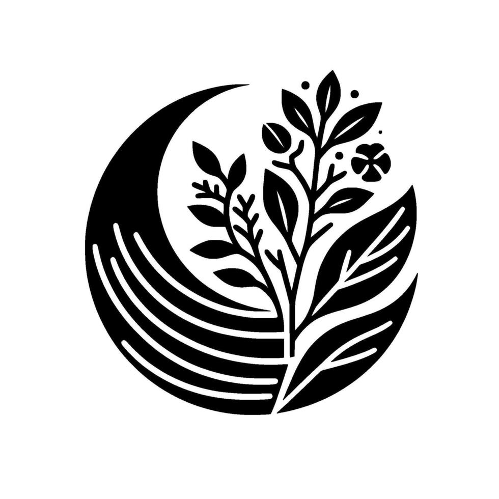 Black and White Minimalist Botanical with Crescent and Stylized Plant featuring Leaves, Blooms, and Berries. vector