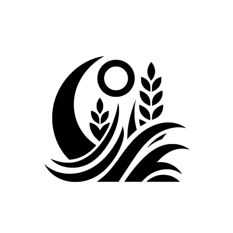 Abstract black and white minimalist featuring wheat, sun, and crescent moon elements, suggestive of growth. vector