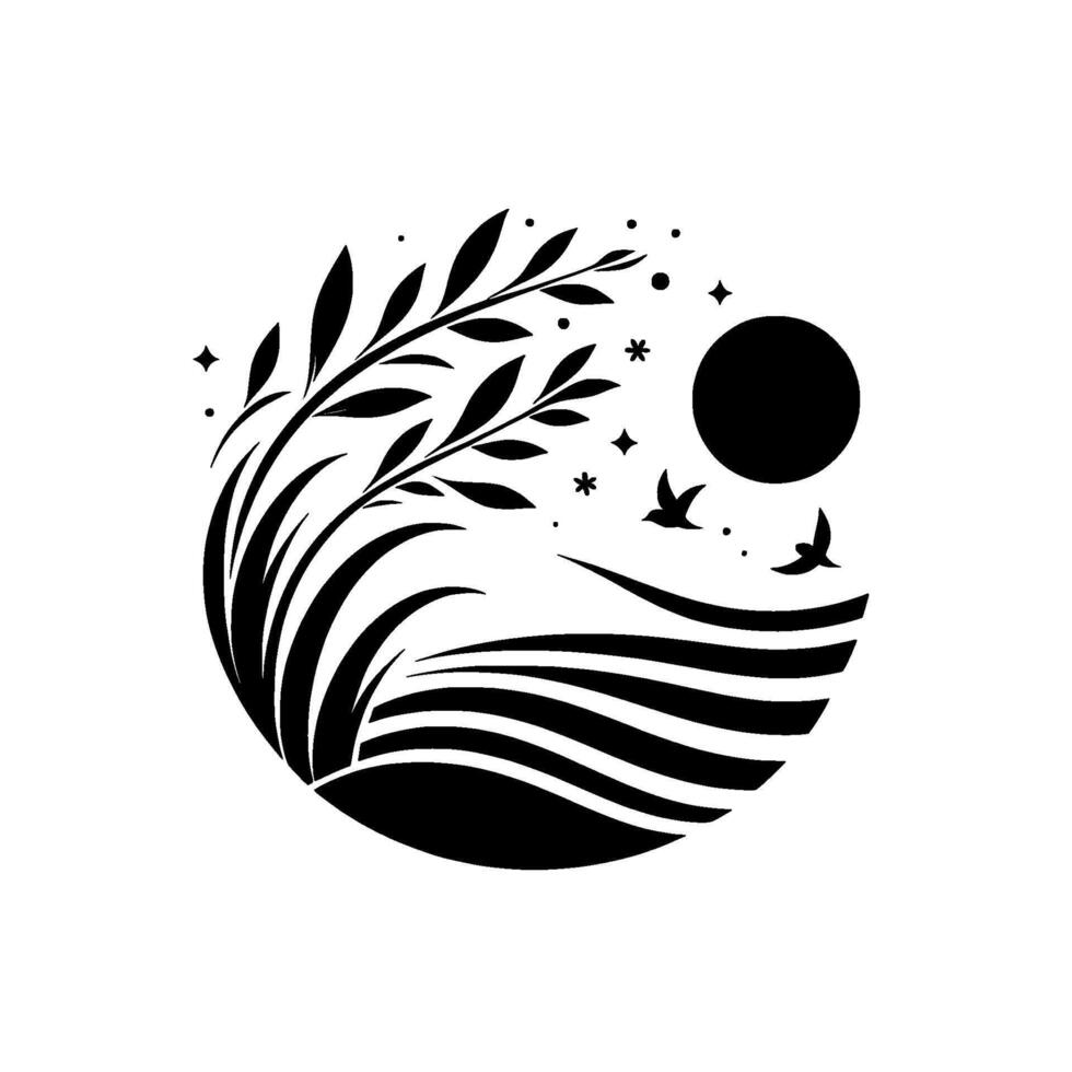 Serene Black and White Circular Nature Scene Grass, Foliage, Birds, Moon, and Stars, in a Minimalist Aesthetic. vector