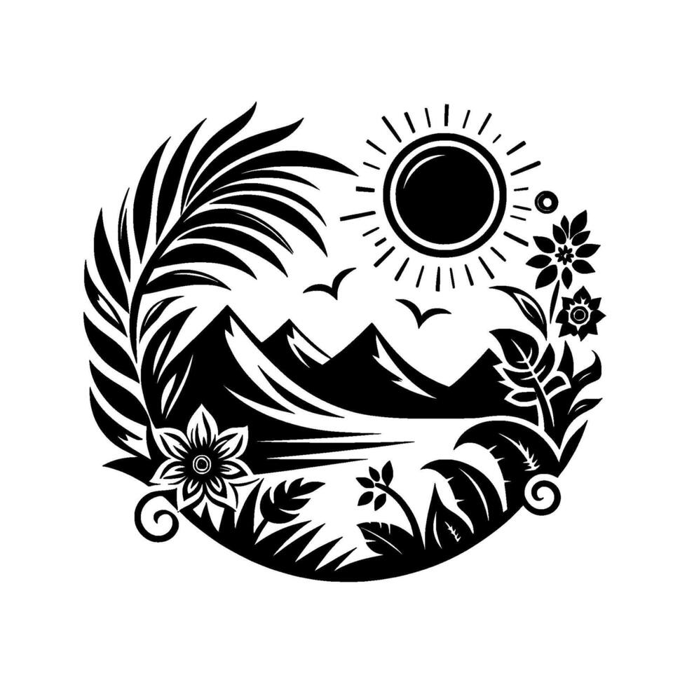 A symmetrical black and white circular nature illustration featuring mountains, sun, flowers, palm leaves, and birds. vector