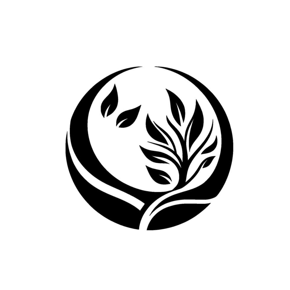 Black and white of a stylized tree and leaves within a circle, symbolizing growth and nature, minimalist aesthetic. vector