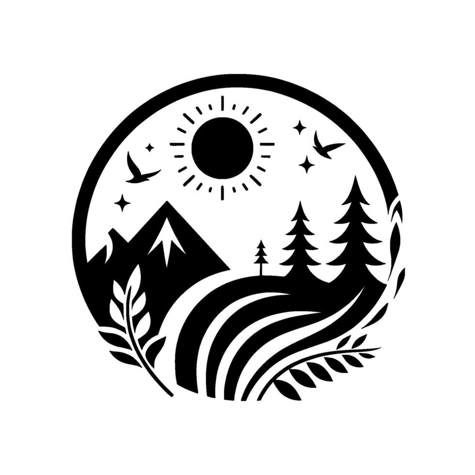 Black and White Circular Nature Illustration Mountains, Trees, Sun, Birds, and Foliage in a Scenic Landscape vector