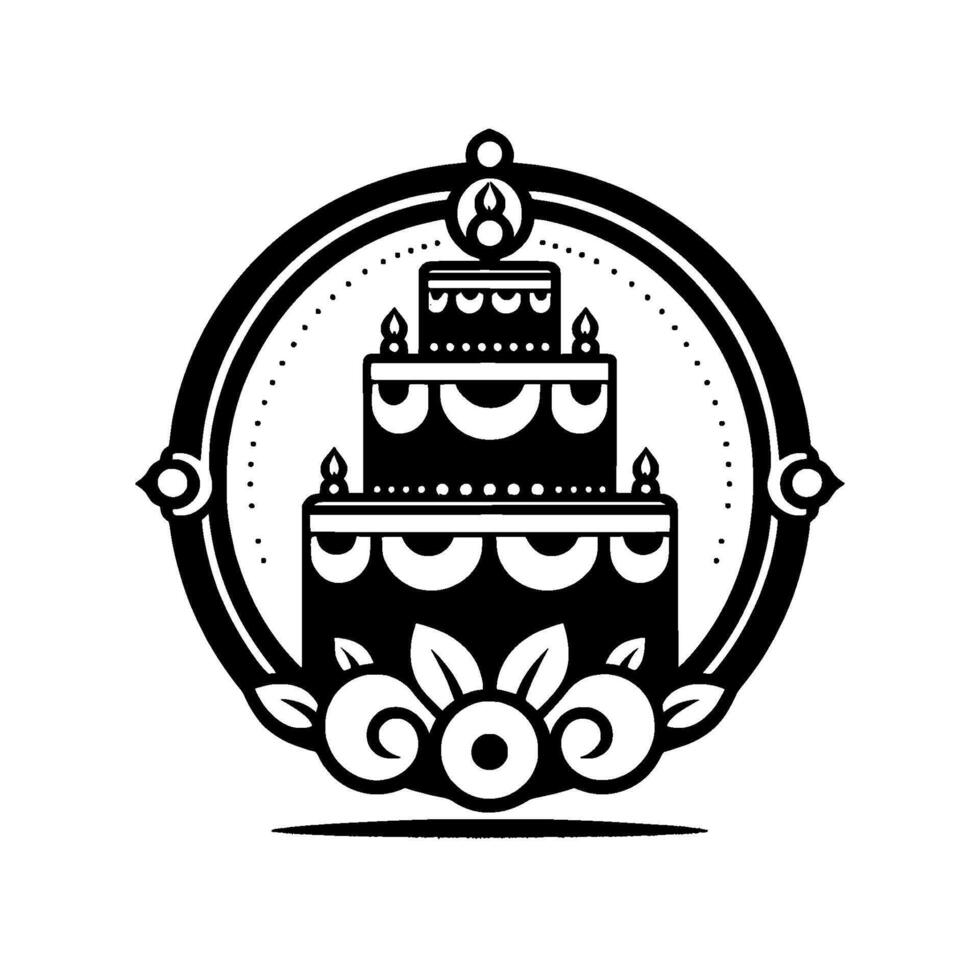 Elegant, monochromatic emblem featuring a threetiered birthday cake, surrounded by a decorative frame and floral elements in a minimalist, classic design. vector