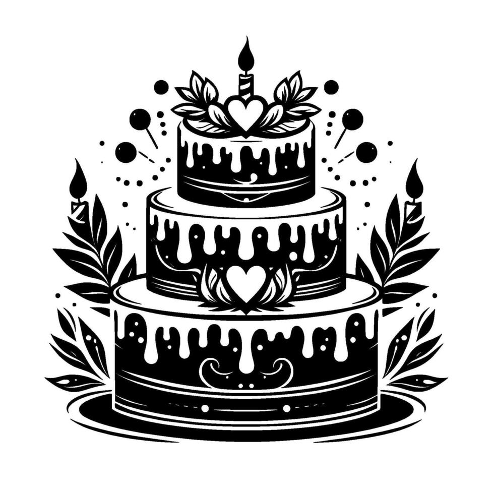 Tiered cake illustration with hearts, candles, and botanical accents, presented in black and white, on a plate. vector