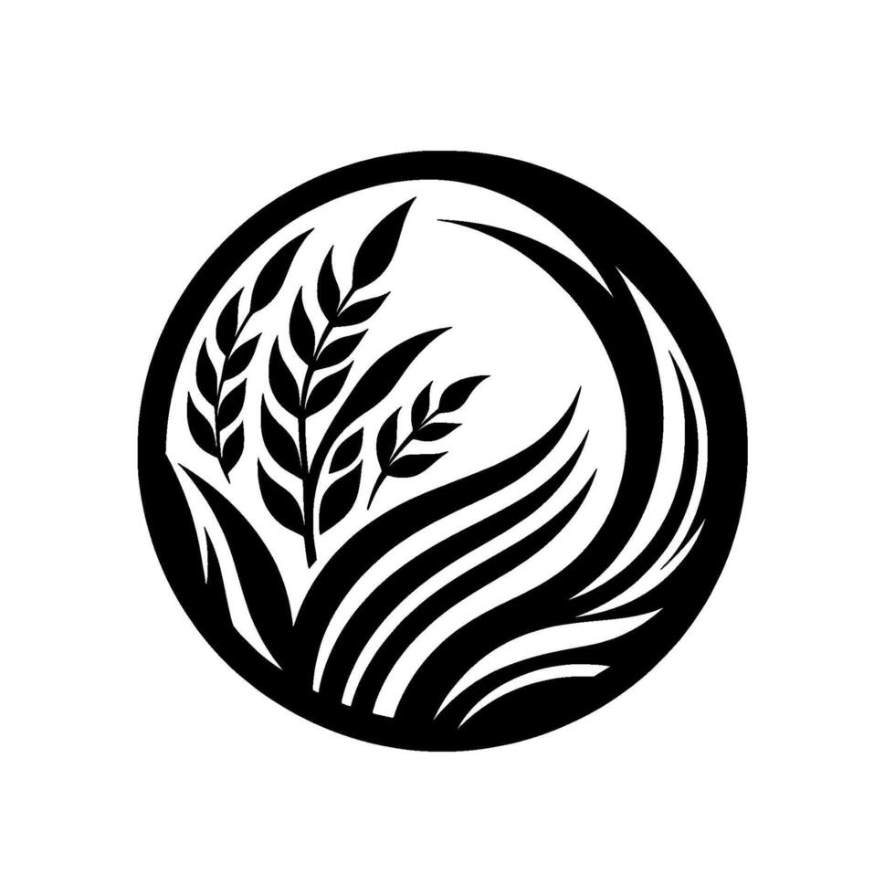 Stylized Black and White Circular Logo Wheat and Foliage Silhouettes Inside a Circle, Minimalism, Emblem Design. vector